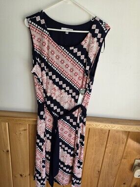 Machine Navy and Red Printed Sleeveless Midi Dress with Tie